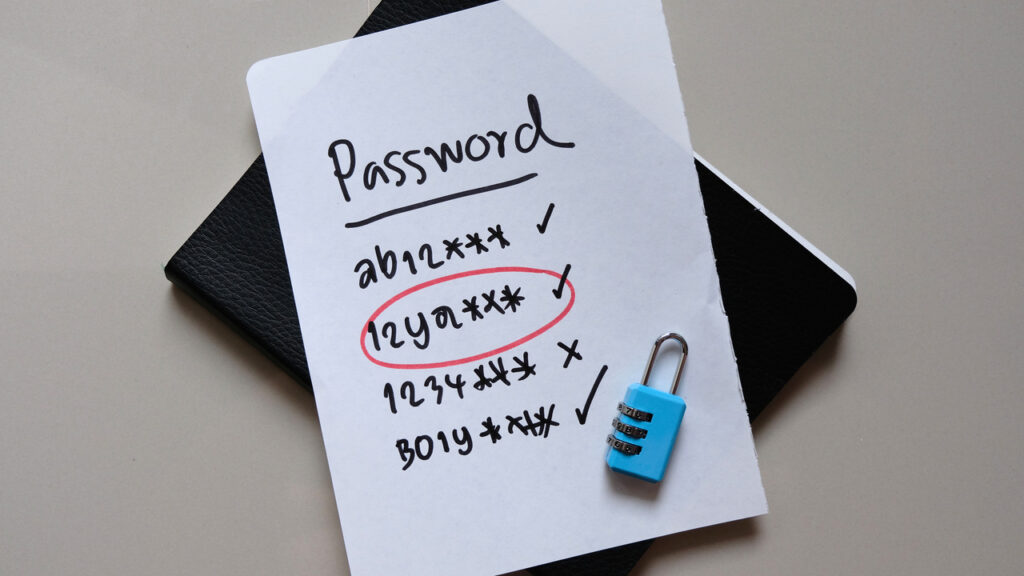 A list of passwords is written on a small piece of paper